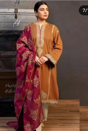 3- Piece Embroidered Dhanak Dress with Wool Shawl
