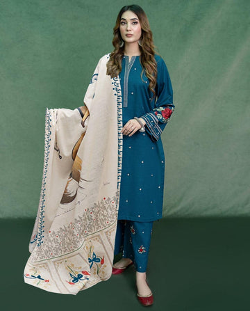 3- Piece Embroidered Dhanak Dress with Wool Shawl