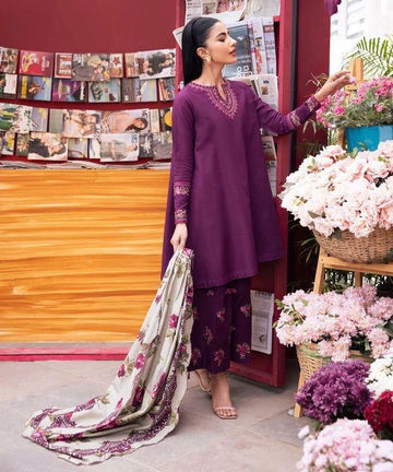 3- Piece Embroidered Dhanak Dress with Wool Shawl
