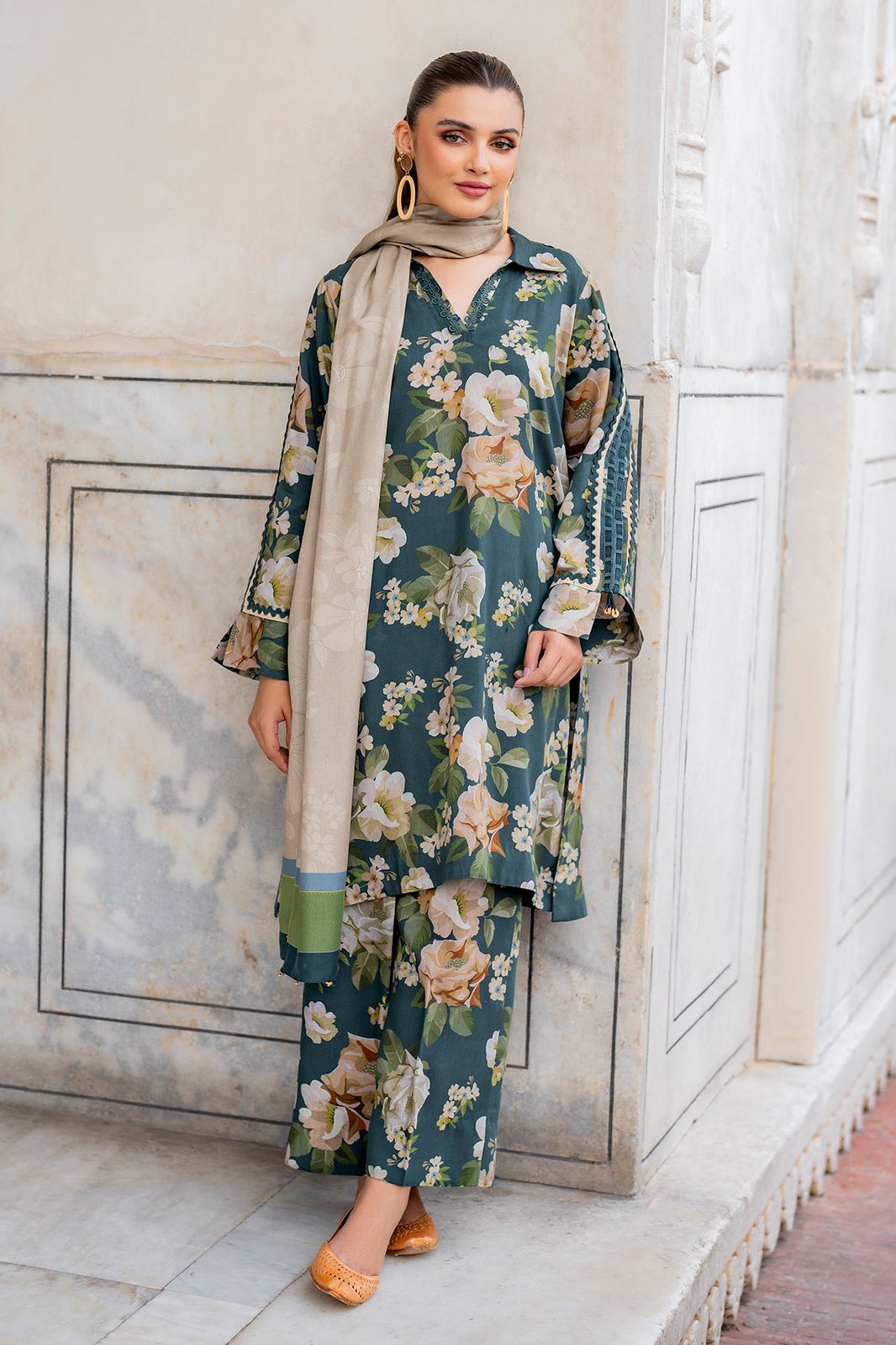 3- Piece Lawn Embroidered Dress With Lawn Dupatta